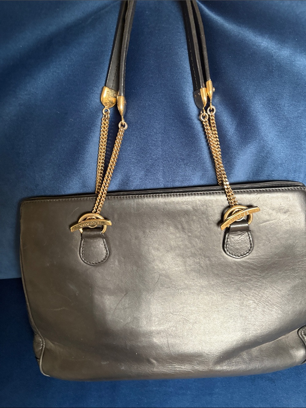 Escada Black Leather Tote with Gold Chain Tassels Ventage